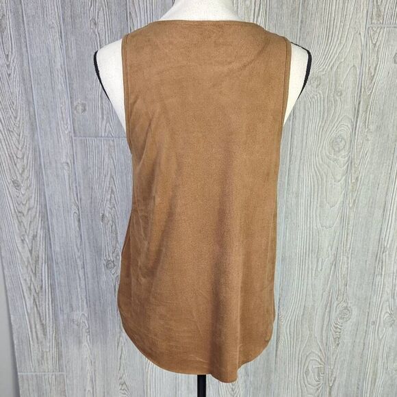 Tyche Women’s Medium Brown Sleeveless Asymmetrical Boho Blouse Top Stretch - Picture 2 of 8